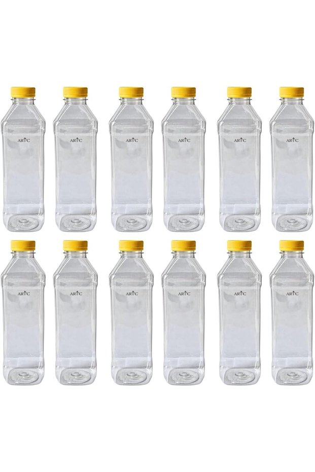 1 Liter Transparent PET Bottle with Yellow Screw Cap for Water, Juices, Oil, Milk, Sauces- 12pc