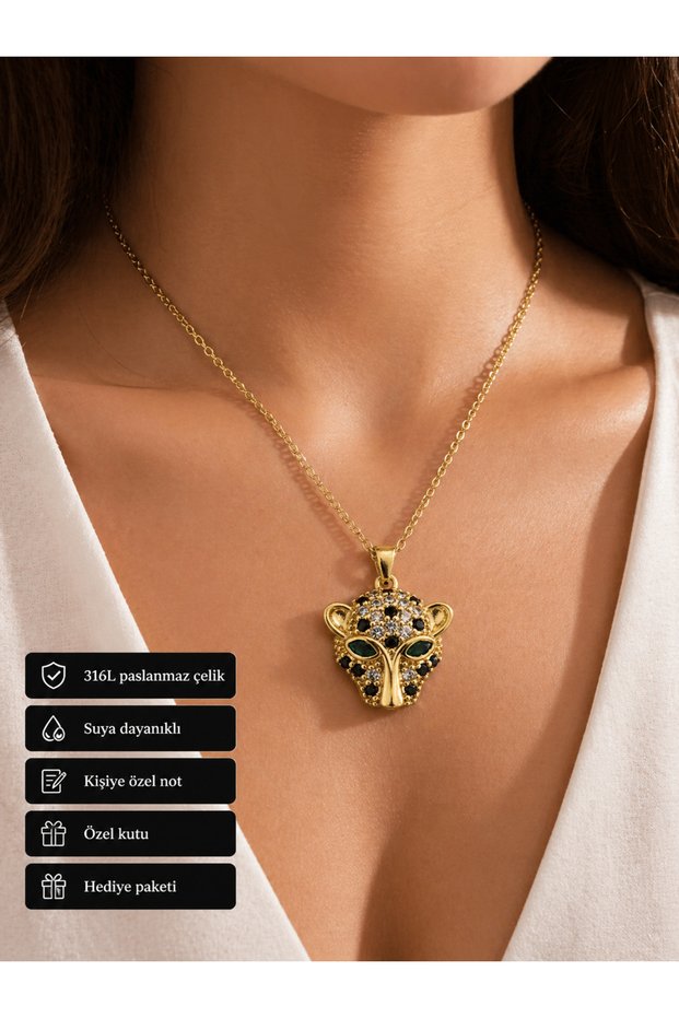 Gold Color Leopard Figured Stone Stainless Steel Necklace Gift