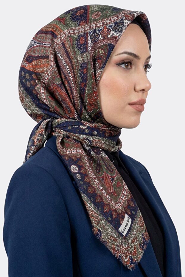 Women's Navy Blue Orange Ethnic Patterned Flared Scarf