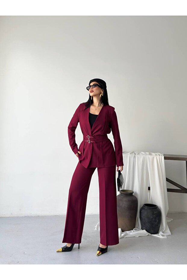 Kadın Kemerli Blazer Pantolon İkili Takım Bordo - 4