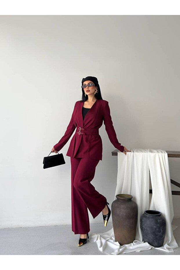 Kadın Kemerli Blazer Pantolon İkili Takım Bordo - 2
