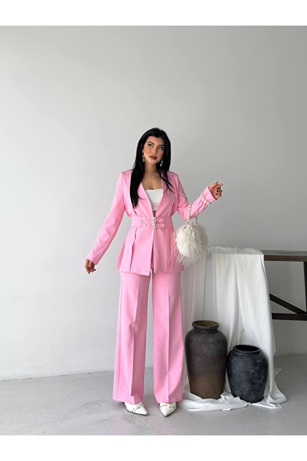 Kadın Kemerli Blazer Pantolon İkili Takım Pembe - 2