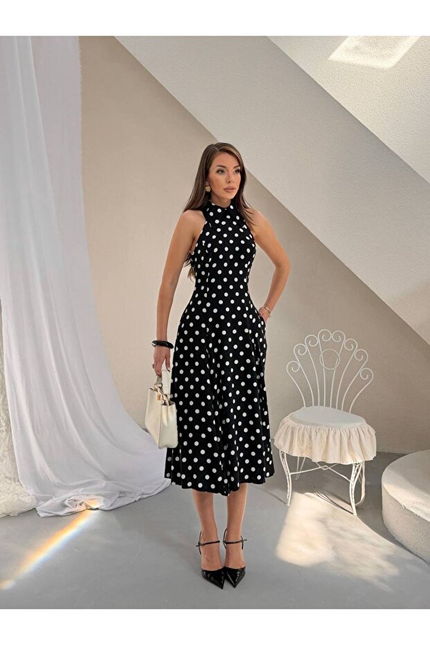 Premium Polka Dot Halter Neck Midi Dress Stylish and Elegant Design