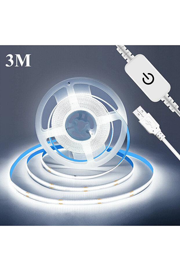 شريط إضاءة LED أبيض بارد بطول 3 متر يعمل بـ USB 5 فولت مع تحكم باللمس قابل للتعتيم، مصباح عالي الكثافة RA90، شريط مرن