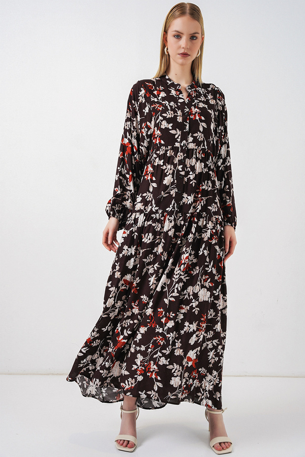 Women's Patterned Long Hijab Dress 2585 - White - Brown