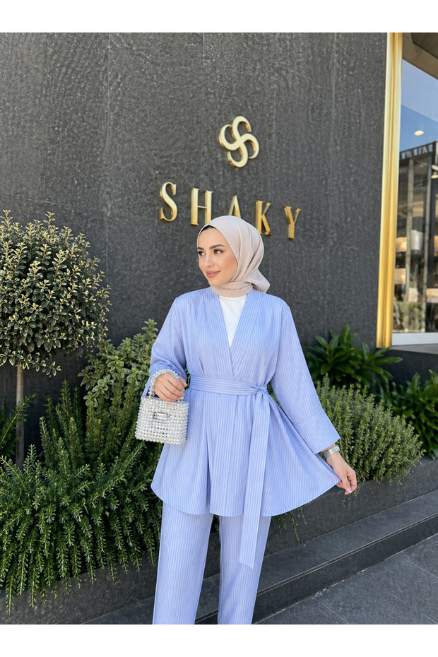 Blue Striped New Season Flounce Crepe Set