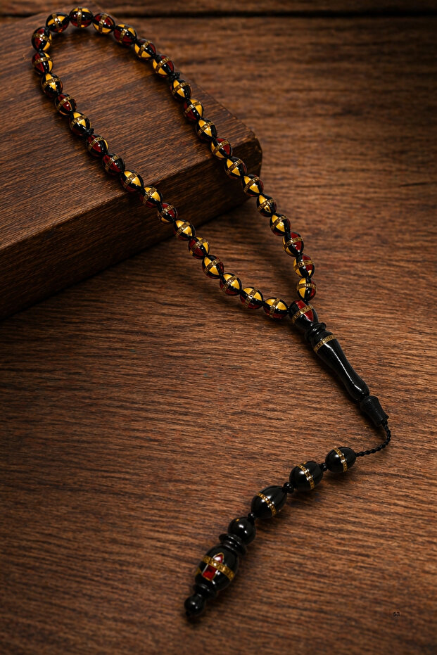 Yellow Red Black Brass Embroidered Kuka Barley Cut Medium Size System Tassel Rosary