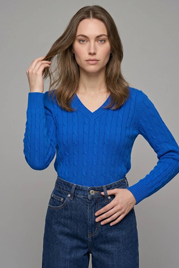 Agostina Cobalt Blue 100% Cotton V-Neck Knitwear Sweater