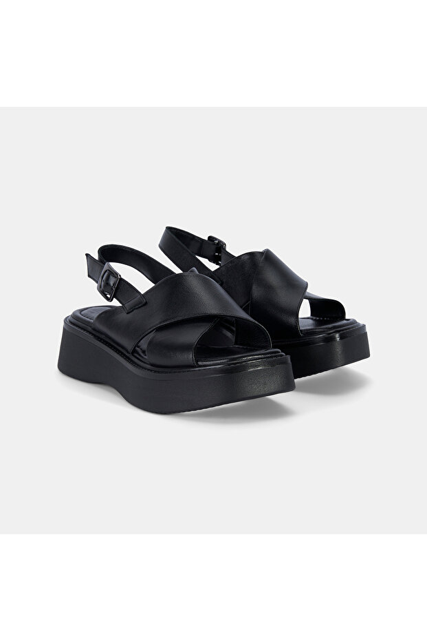 Women's Black Cross Strap Wedge Heeled Leather Sandals