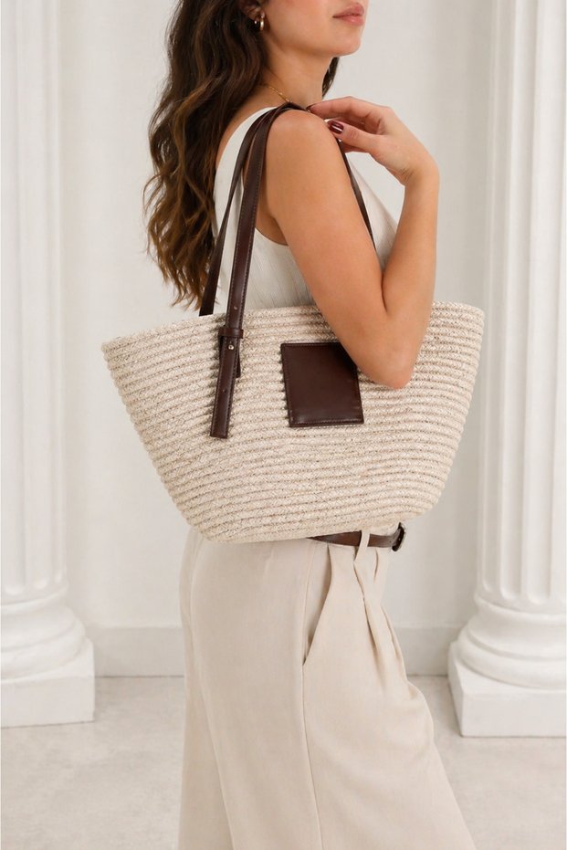 Lenna Large Size Leather Strap Straw Women's Handbag and Shoulder Bag