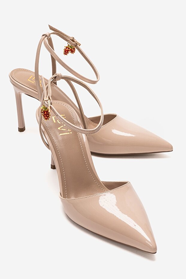 THALIA Beige Patent Leather Pointed-Toe Charm Women's Stiletto Heels