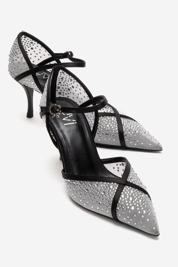 Rachel White Mesh Black Satin Stone Detailed Mesh Women's Thin Heeled Evening Dress Shoes