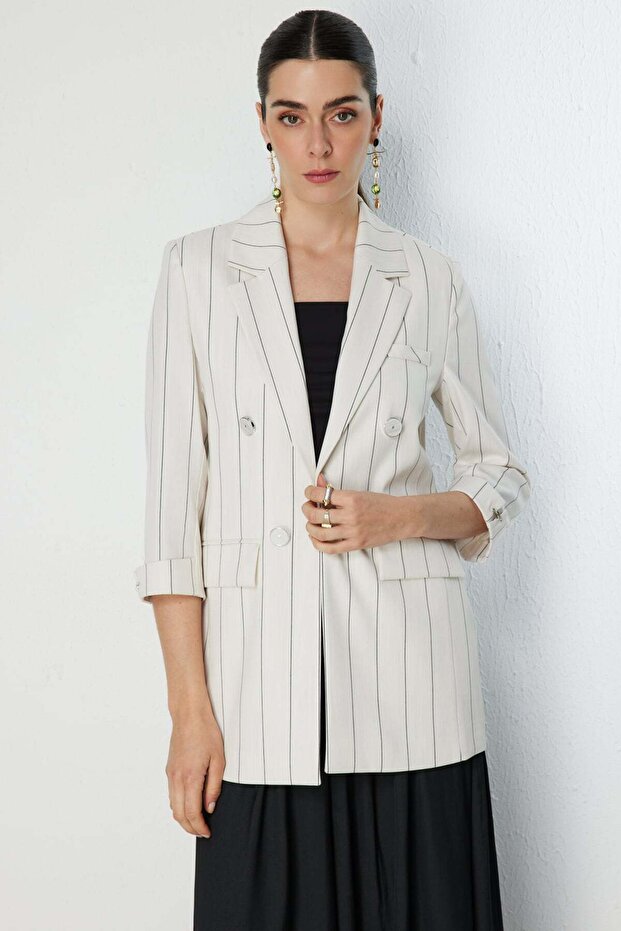 Line Patterned Jacket with Flap Pockets - 3