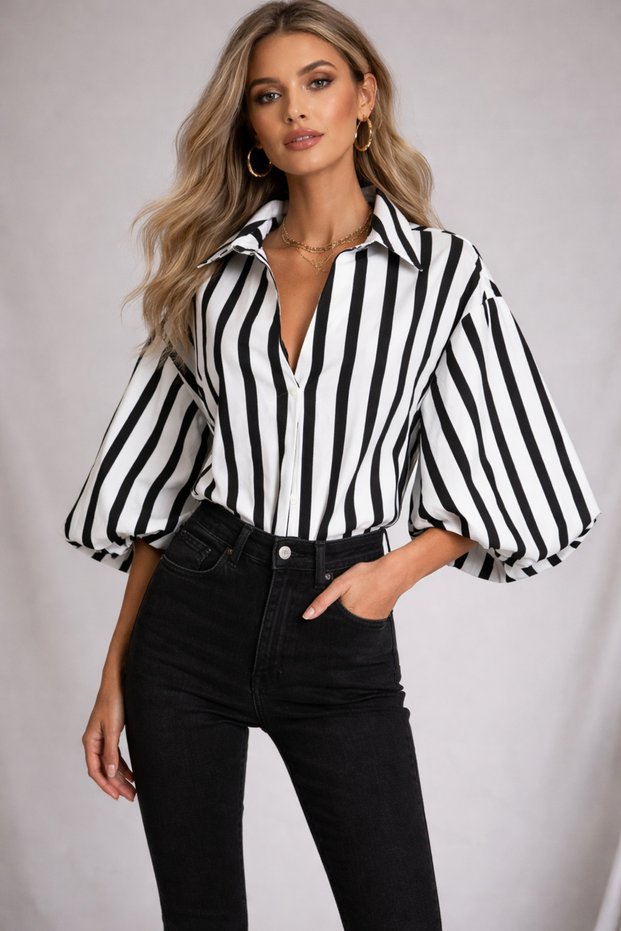 Women's Black and White Block Striped Balloon Sleeve Cotton Fabric Design Blouse Yy101404