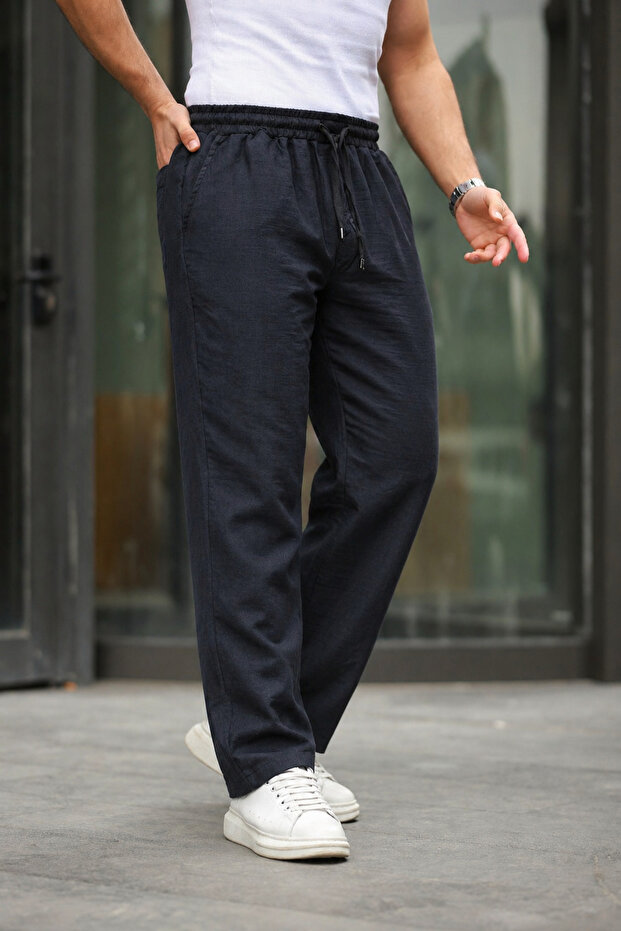 Men's Loose Anthracite Linen Baggy Trousers with Elastic Waist