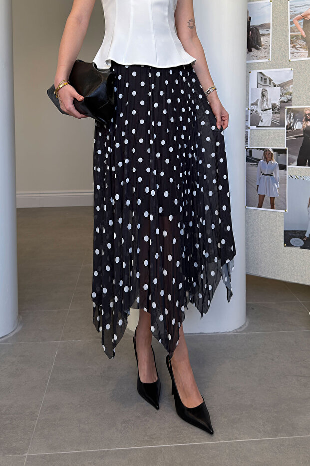 Elastic Waist Lined Pleated Polka Dot Tulle Skirt - Black