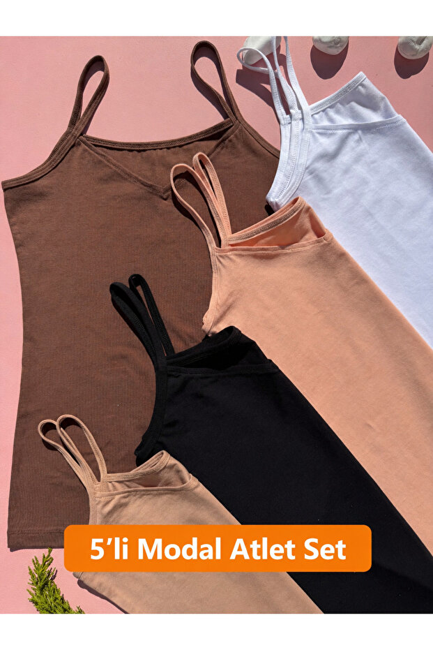 Women's 5-Piece Modal Athlete Set V-Neck Rope Strap Basic Athlete Dark Skin Salmon Brown Black White