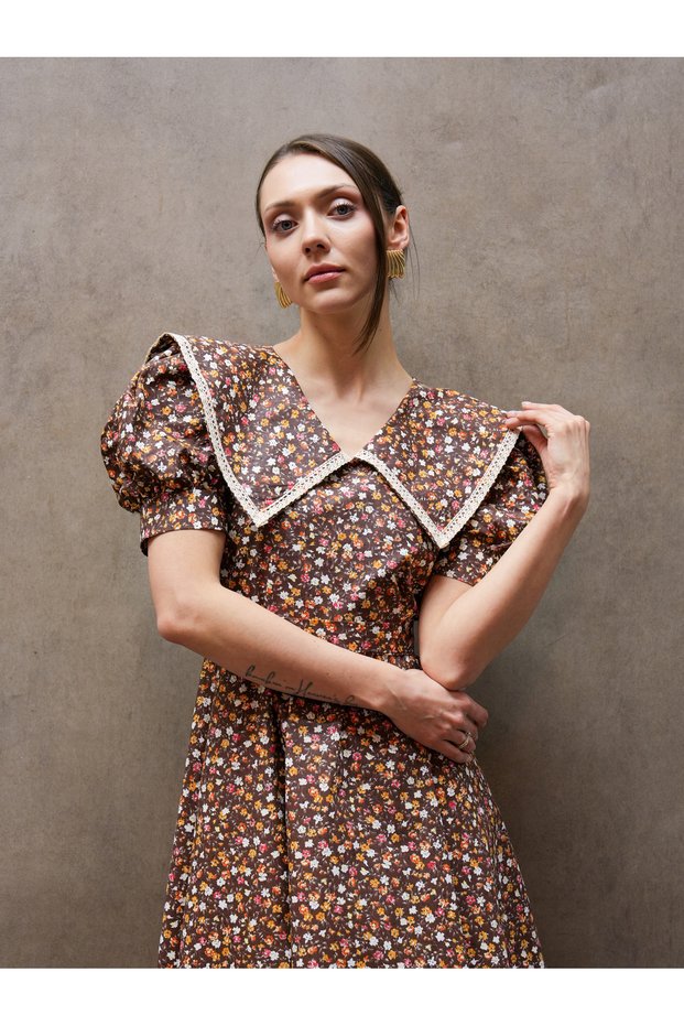 Vintage Coffee Floral Short Sleeve Big Collar Flared Dress