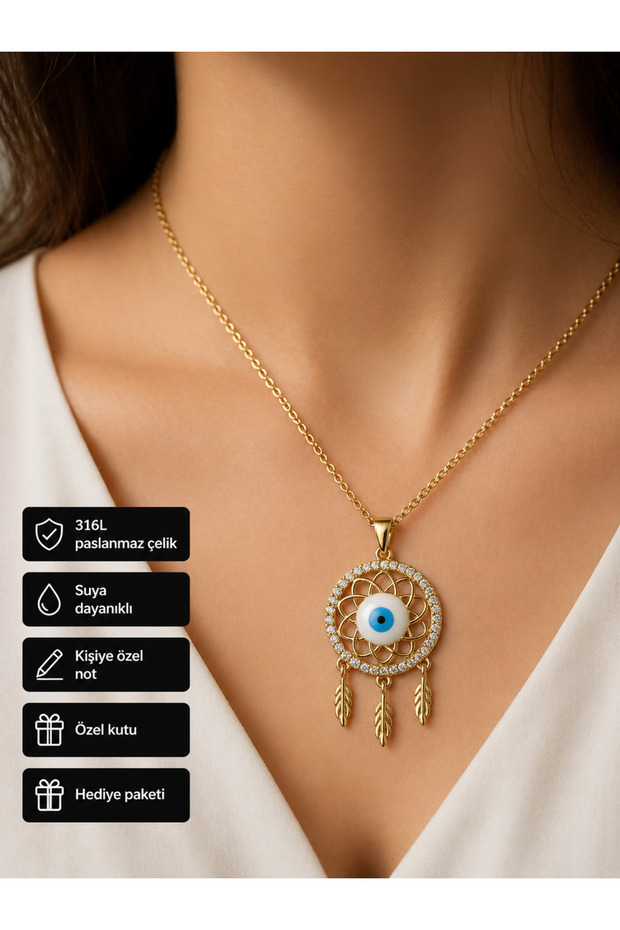 Evil Eye Beaded Dream Catcher Necklace Gold Color 316L Steel Gift