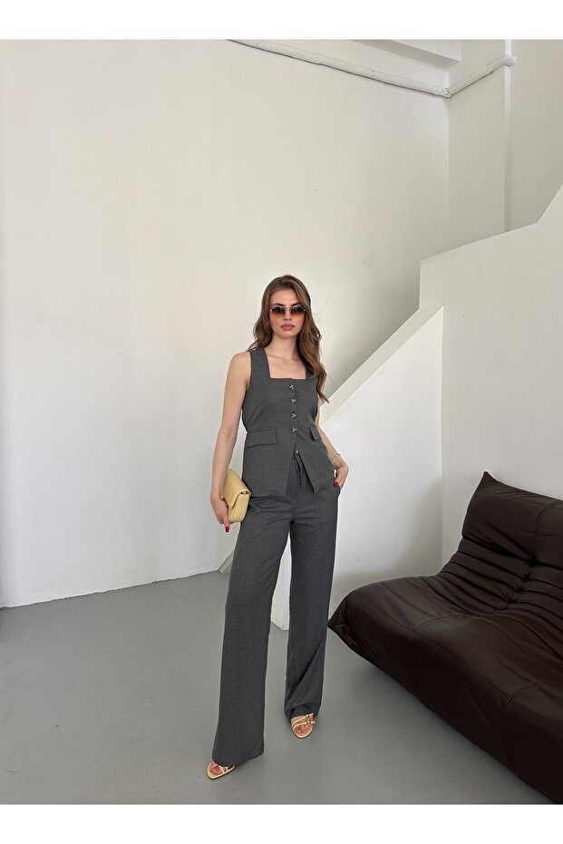 Anthracite Square Collar Vest Trousers Set - 51102