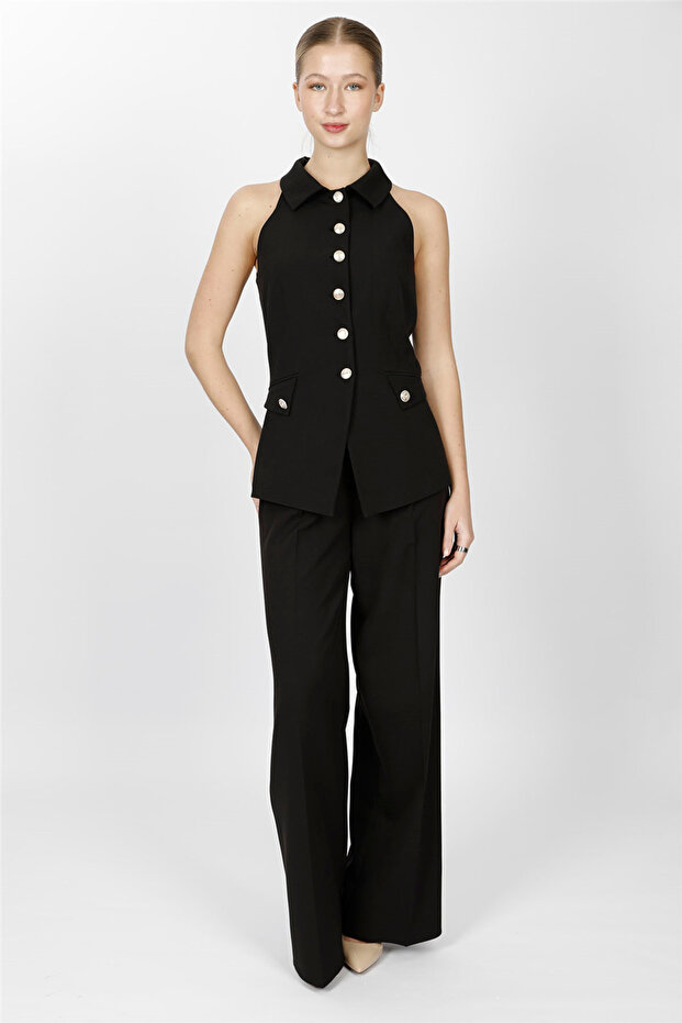 Shirt Collar Model Vest Set 1535522-Black - 1535522