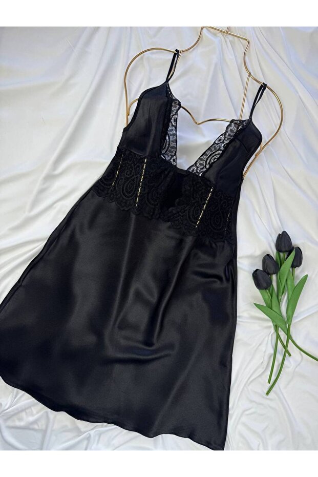 Silky Textured Satin Strap Dress Nightgown