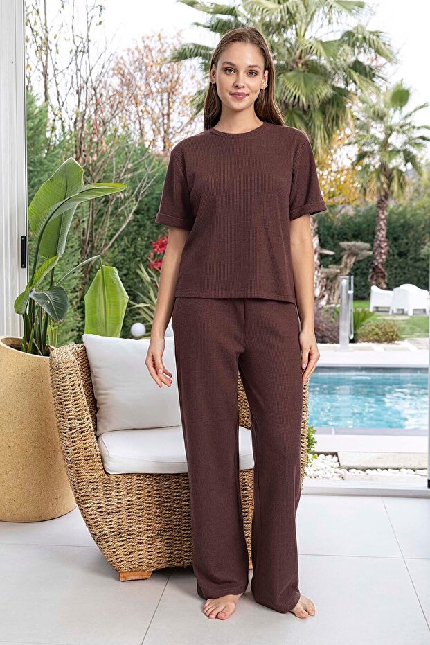Women's Short Sleeve Waffle Fabric Pajama Set 260107 Brown