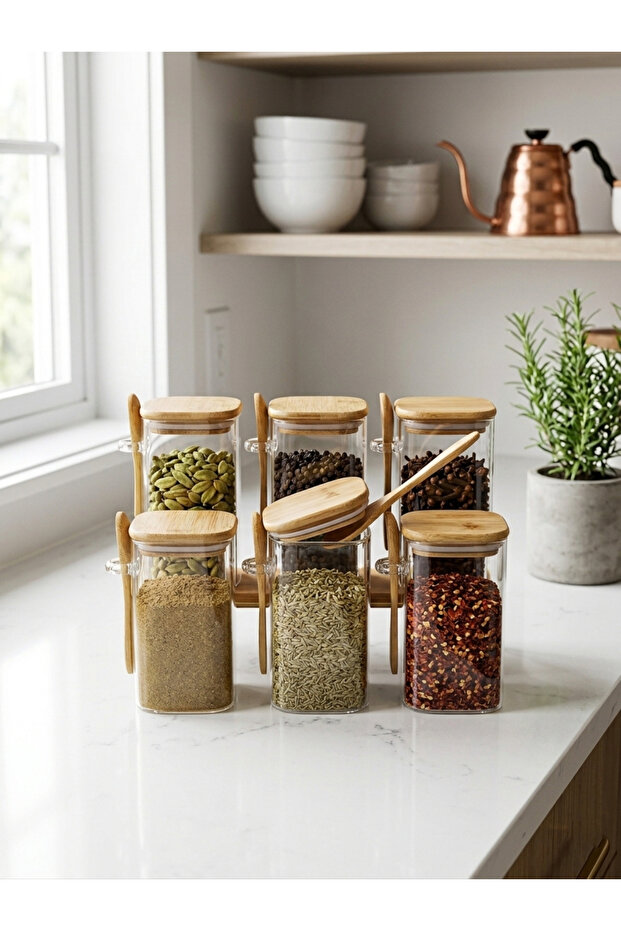 6-Piece Glass Spice Set with Vacuum Bamboo Lids - with Self-Dispensing Spoon - Square Borosilicate Glass 8X15