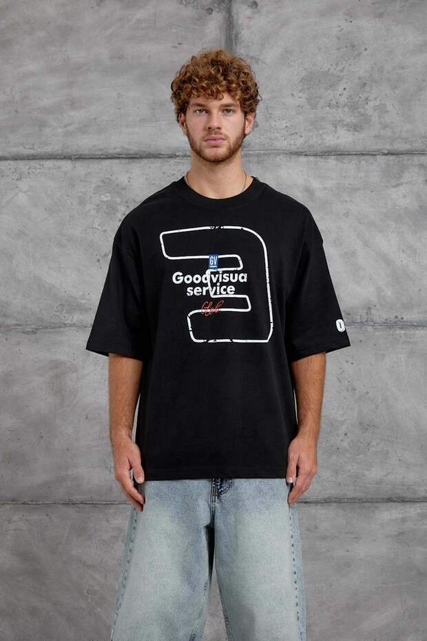Men's T-Shirt Goodvisiul Print Black Oversize Printed Crew Neck Cotton