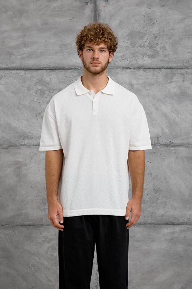 Men's T-Shirt Dp Collar Button Polo White Oversize Knitwear Fabric - 1
