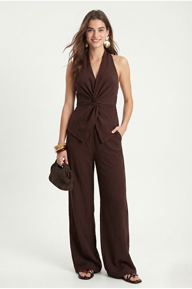 Women's Candice V-Neck Waist Elastic Sleeveless Brown Woven Bottom Top Set