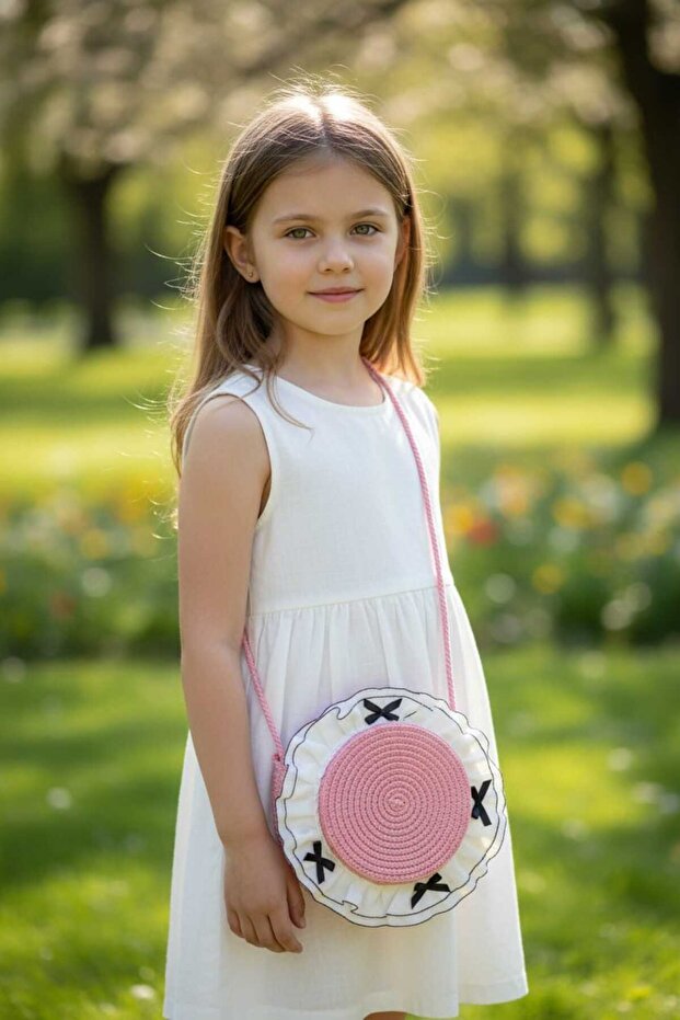 Girl's Crossbody Straw Bag with Accessories