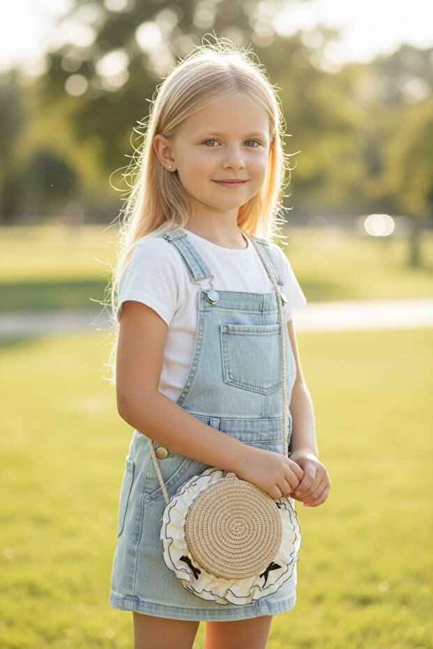 Girl's Crossbody Straw Bag with Accessories