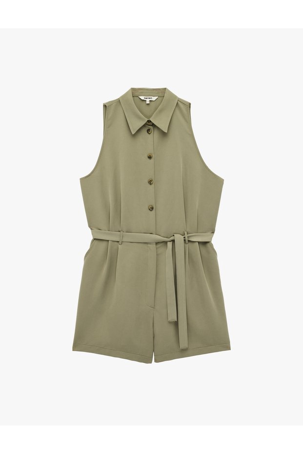Modal Cupro Fabric Pocketed Belted Sleeveless Shirt Collar Shorts Jumpsuit