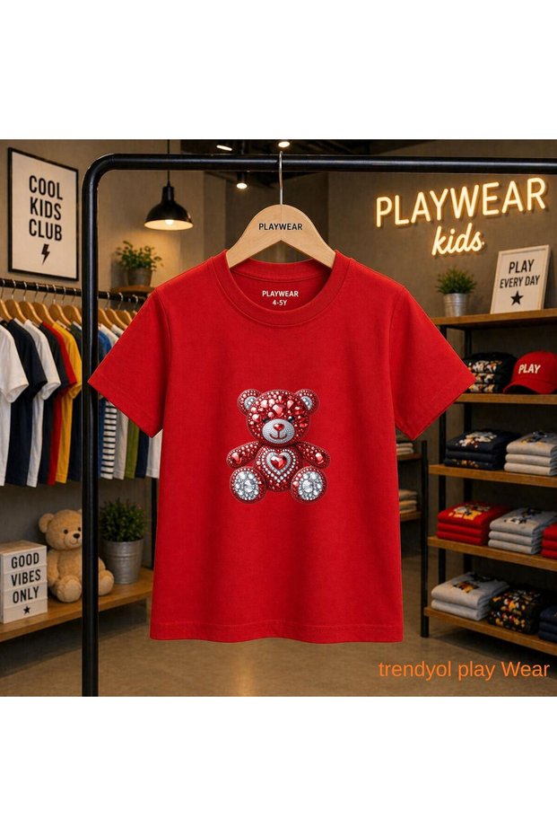 Red Elmas Bear Printed 100% Children's Unisex T-Shirt 5 6 -7 8-9 10 -11 12 Years Old