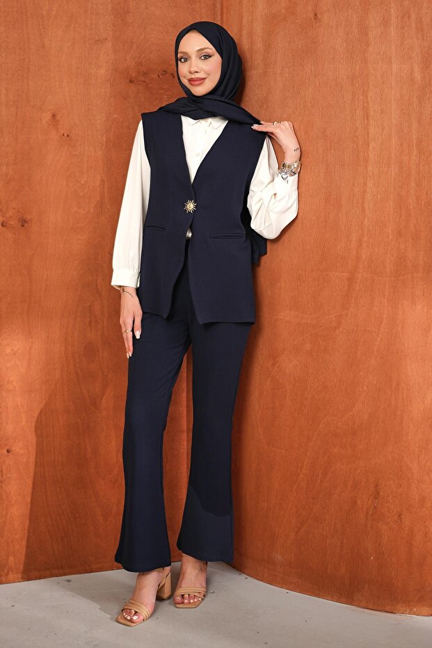 Navy Blue Shirt Vest Trousers 3 Piece Combination Suit