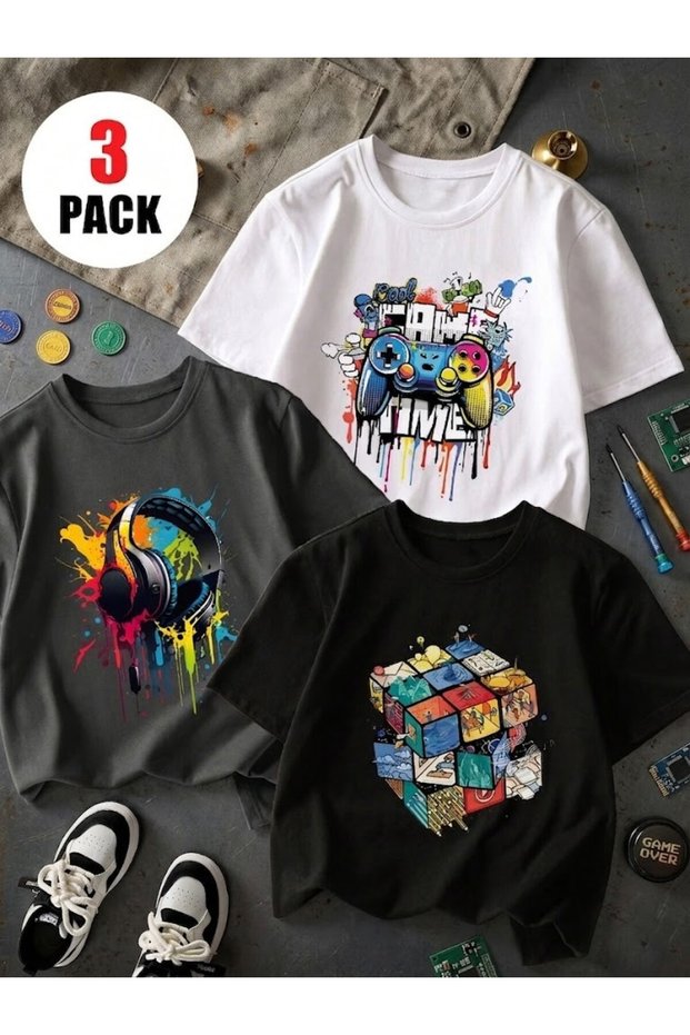 Set of 3 Crew Neck 100% Cotton Printed Short Sleeve Children's and Teenagers' T-Shirts