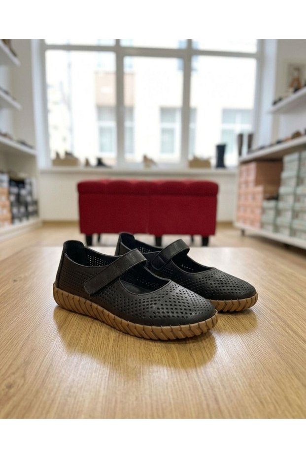 Black Genuine Leather Women's Daily Comfortable Orthopedic Comfort Shoes Ballet Flats