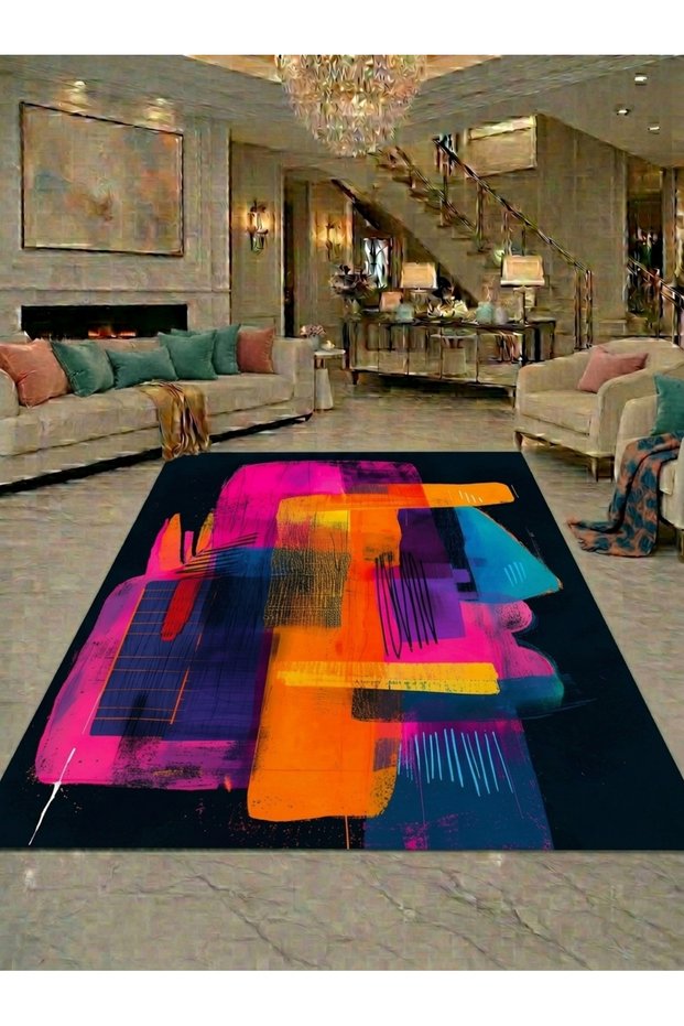Sdt Modern Abstract Color Blocks Patterned Pink Orange Blue Woven Base Decorative Carpet Sdt1060