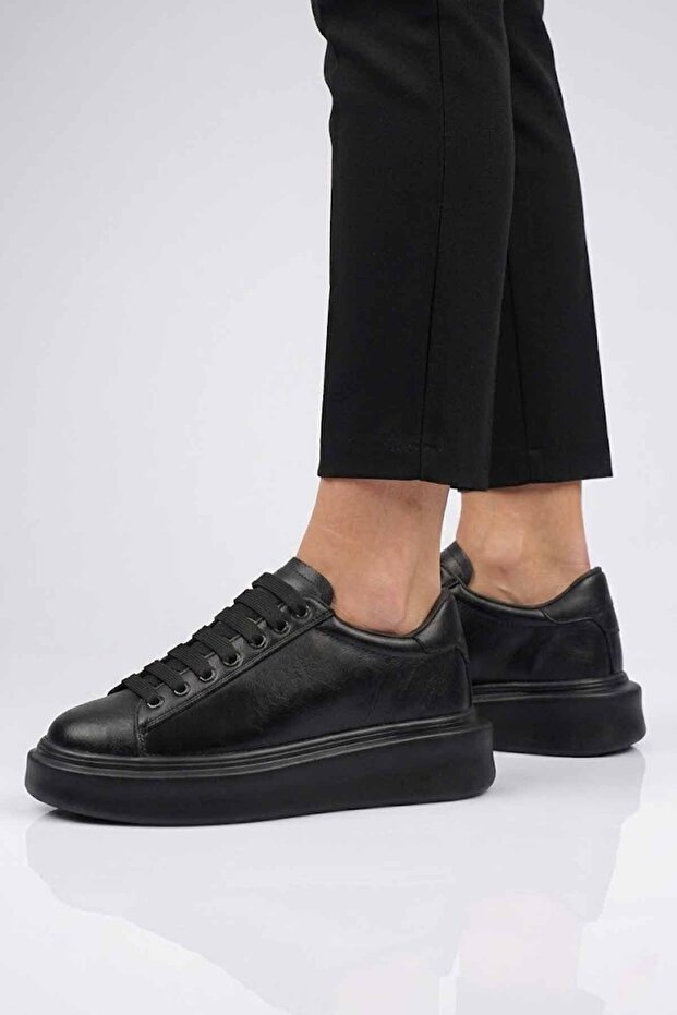 Women's Full Black Leather High Platform Sole Sneaker Sports Shoes