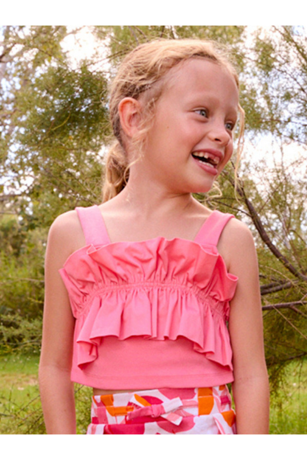 Girl's Ruffled Crop Blouse – Pink Strappy Summer Top