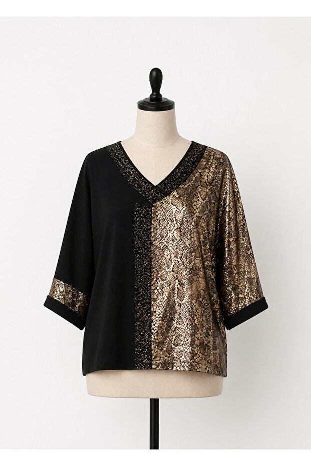 Plus Size Leather Look Stone Embroidered Luxury 3/4 Sleeve Mother's Combed Cotton