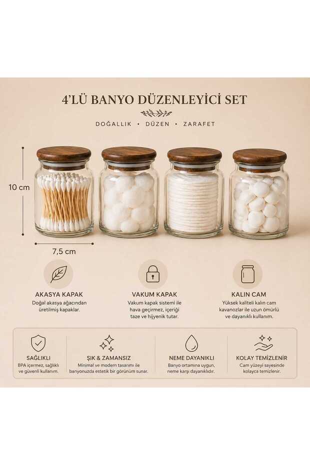 4-Piece Glass Bathroom Organizer Set with Acacia Lid, Cotton Swab Holder, Cotton Pad Holder 300 ml