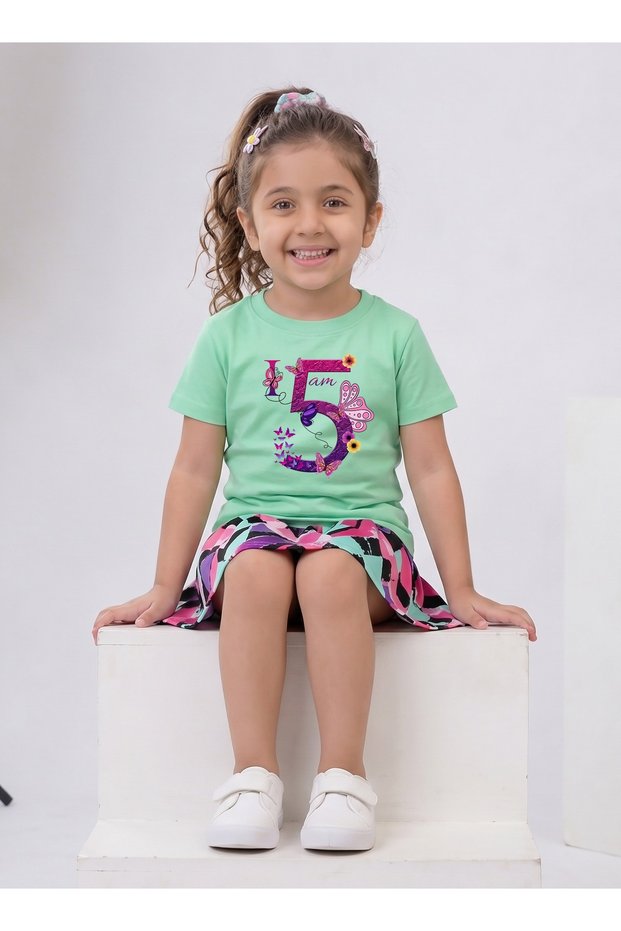 Birthday Girl, 5th Year Butterfly Birthday Graphic Print T-Shirt