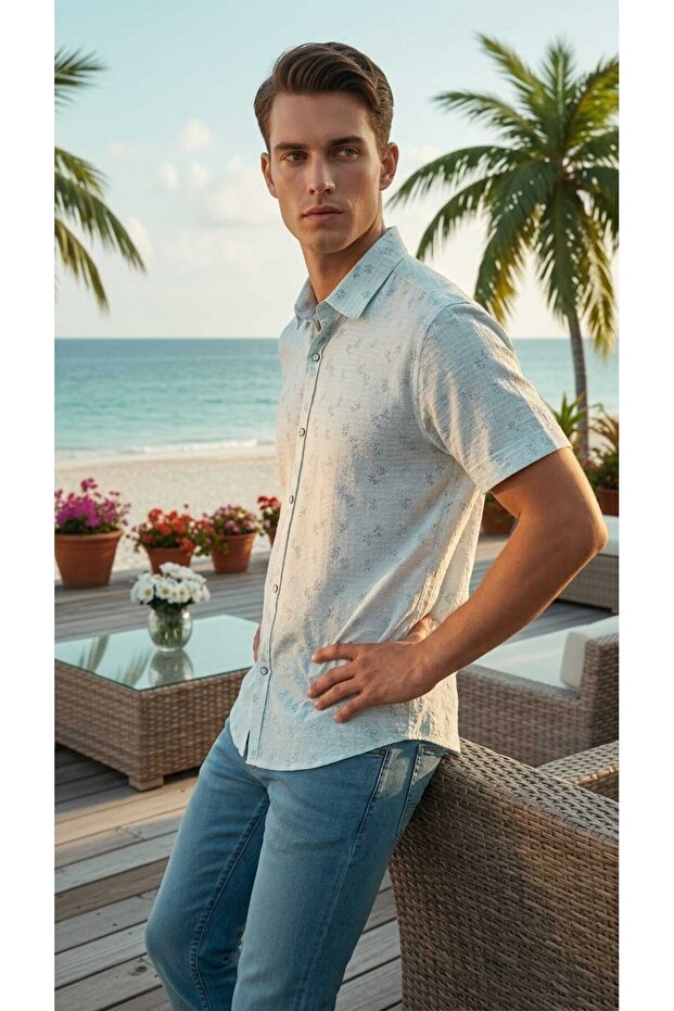 Short Sleeve Buttoned Patterned Men's Shirt Slim Fit