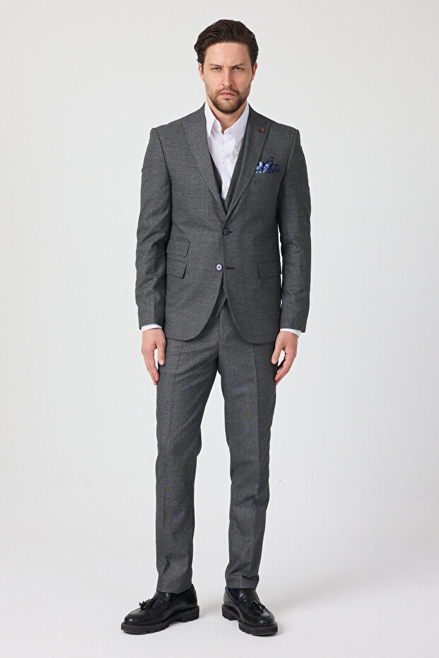 Pladis Men's Dark Navy Blue Pointed Collar Polyviscon Fabric Jacket+Pants+Vest Slim Fit Suit