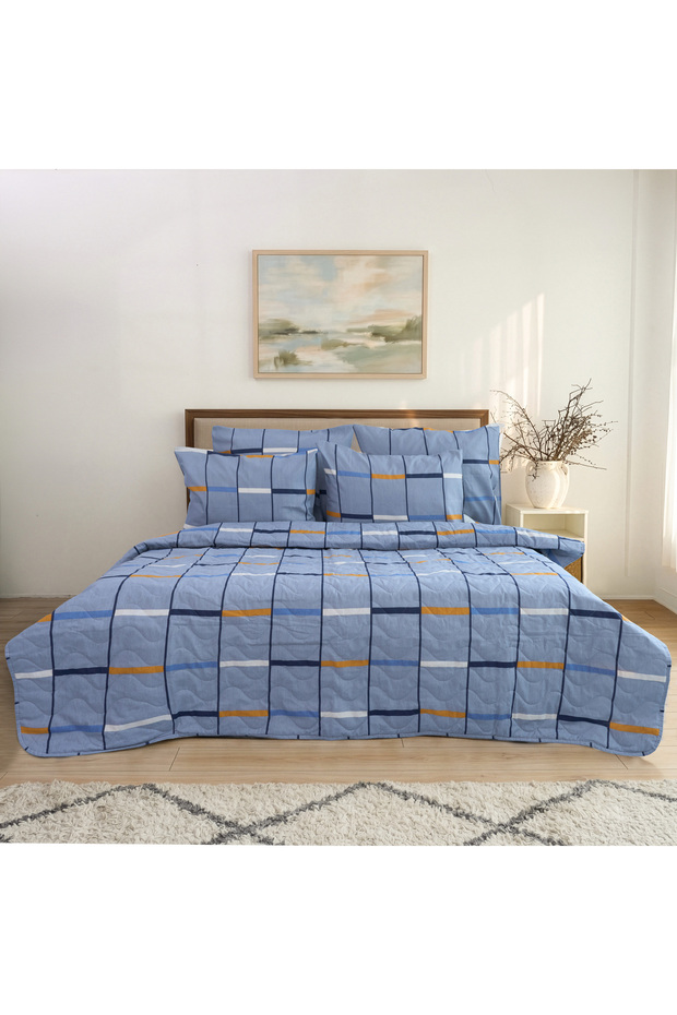 Double Size Plaid Pattern Multipurpose Bedspread Quilted (Pique Set) Set 4 Pieces with Pillowcases, 6 Pieces with Elastic Sheets