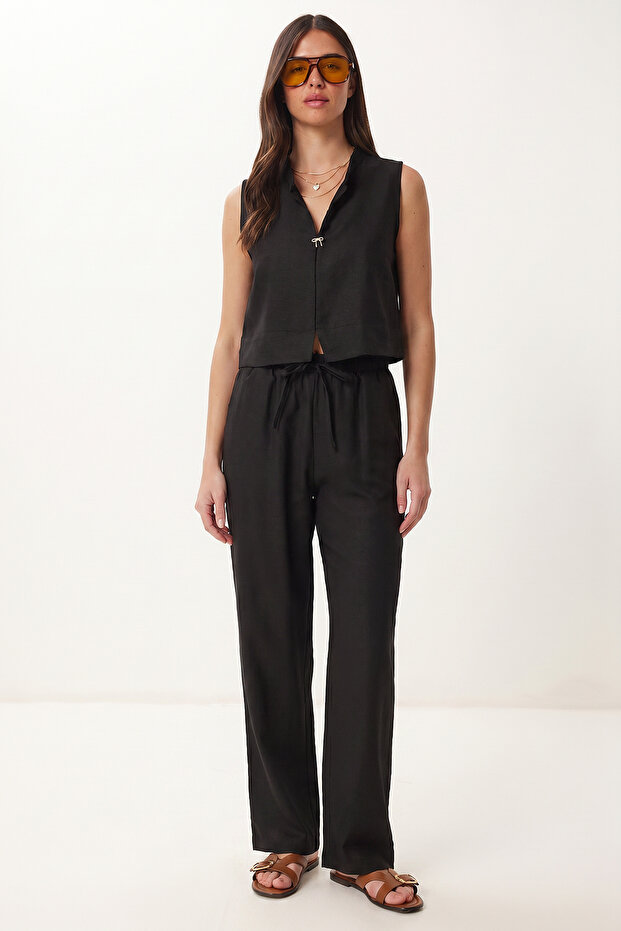 Linen Top and Bottom Set with Gold Accessories Laz0001 Black