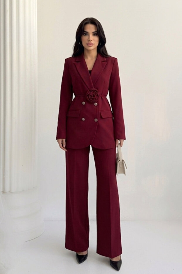 Women's Blazer Jacket Pants Suit Accessory and Button Detailed Wide Leg Stylish Suit