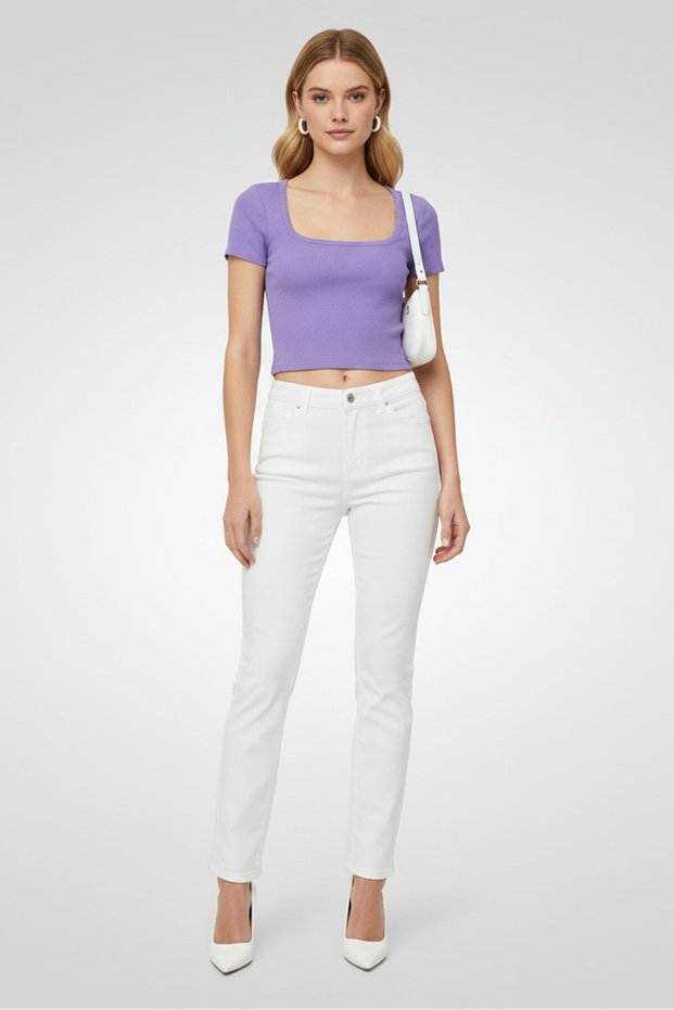 Women Square Neck Short Sleeve Textured Crop Top, Purple